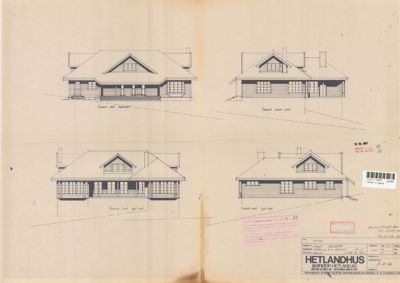 Bildet viser fire fasadetegninger av en bolig, vist fra fire ulike vinkler (for, bak, venstre, høyre).