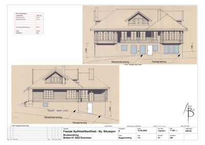 Bildet viser fasadetegninger (Nord-Vest og Syd-Vest) for en bygning i Bruksendring, inkludert mål og terrengforhold.