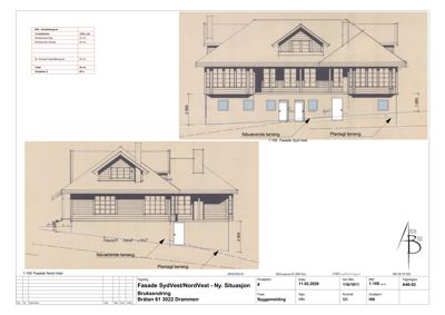 Bildet viser fasadetegninger for en bygning, inkludert et utsyn over taket og en snitttegning av fasaden.