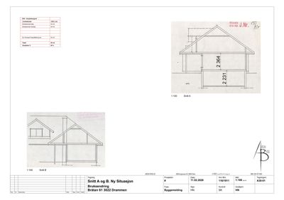 Bildet viser to snittegninger (Snitt A og Snitt B) av en bygning, som illustrerer tverrsnittet og høydeforskjellene.