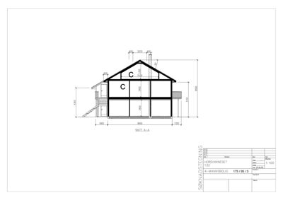 Snittegning (SØKNADSTEGNING) som viser bygningens tverrsnitt med mål og konstruksjonsdetaljer.