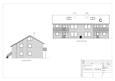 Fasadetegning som viser bygningens utseende fra to vinkler: Sør-Vest og Nord-Ost.