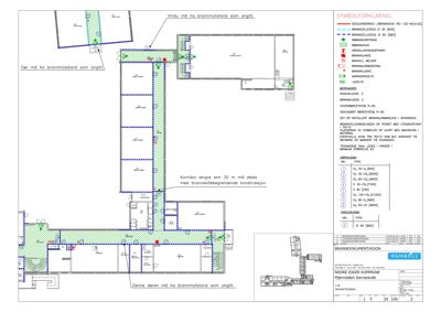 Brannplan (etasjeplan) som viser romfordeling, brannvegger, rømningsveier og brannutstyr.