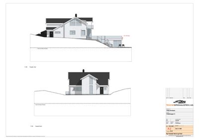 Fasadetegning som viser bygningens utseende fra nord og vest, inkludert terrassering og terrengforhold.