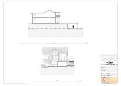 Tegning som viser to snitt (Snitt A og Snitt B) gjennom en bygning, inkludert takform, vinduer og grunnplan.