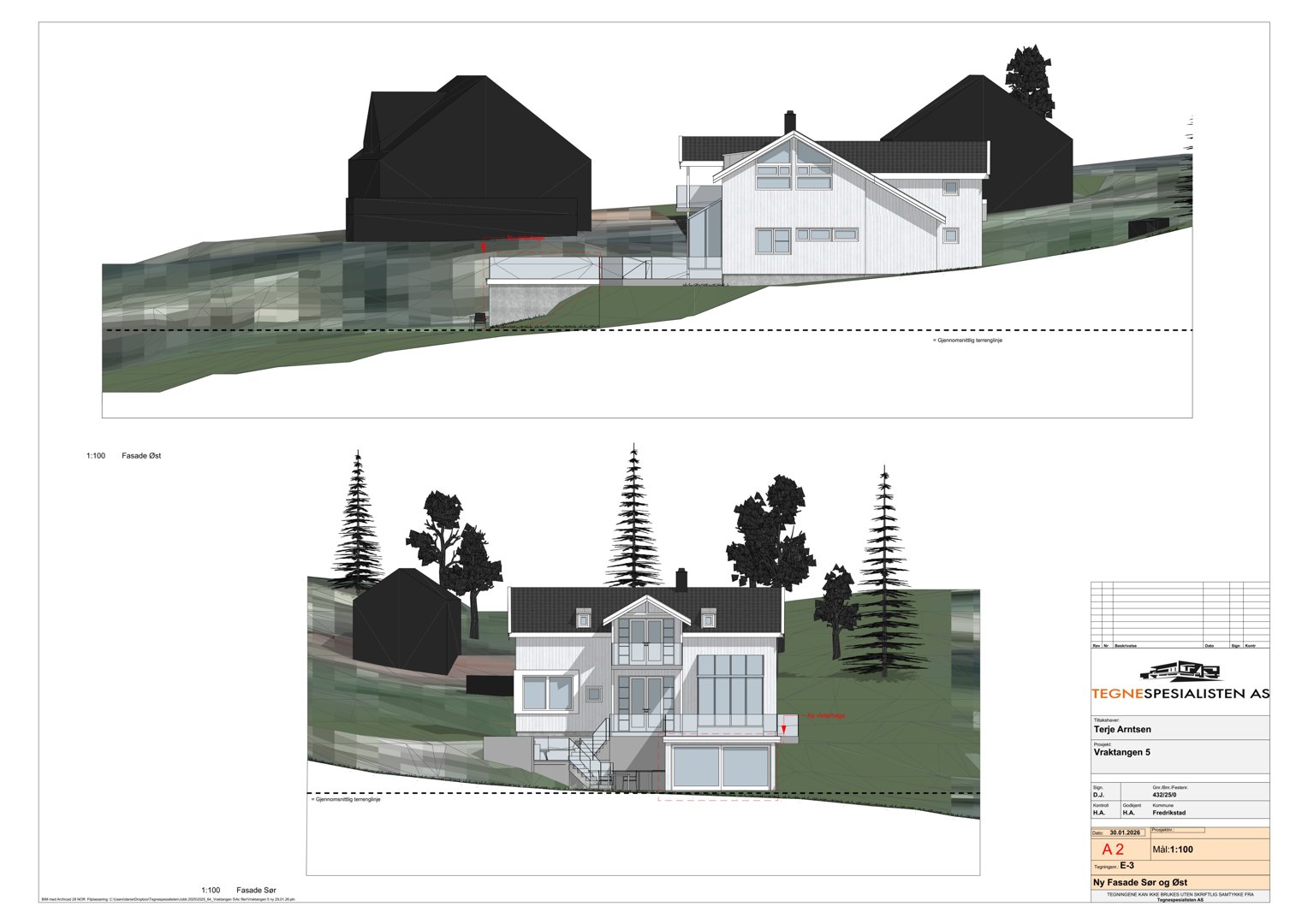 3D-visualisering (rendering) av en husfasade sett fra foran, inkludert terreng og omgivende trær.