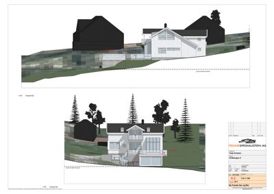 3D-visualisering (rendering) av en husfasade sett fra foran, inkludert terreng og omgivende trær.