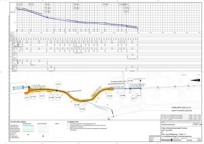 En situasjonsplan eller profiltegningskart som viser et vann- og avløpsnettverk (V1, O1) i terrenget med høydemål.