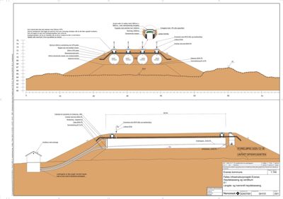 Lengde- og tverrsnittshøydebasseng med detaljerte konstruksjoner, nivåer og tekstbeskrivelser.