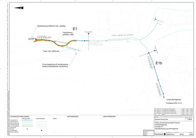 En oversiktskart som viser ruten for en vannledning (E1 og E1b) i Evenes kommune, inkludert eksisterende ledninger, nye rør og veier.
