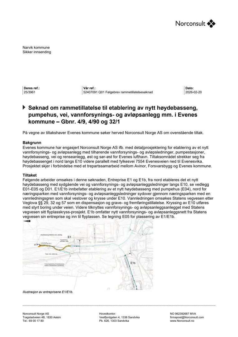 Fotografi av et dokument (søknad) fra Norconsult om rammetillatelse til vannforsyningsanlegg i Evenes.