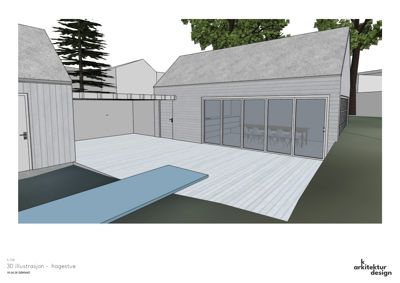 3D-visualisering (rendering) av en planlagt hagestue med tilhørende terrasse og omgivelser.