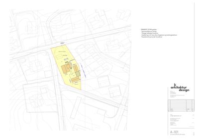 Situasjonsplan som viser tomtens grenser, omgivende infrastruktur og bygningers plassering.