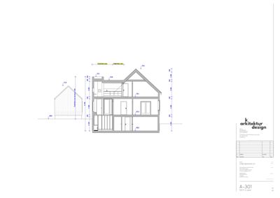 Snittegning (A-301) som viser bygningens tverrsnitt, romfordeling, dører, vinduer og høyder.