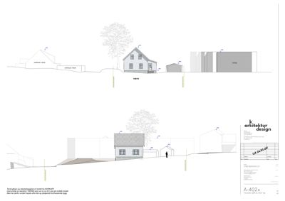 Fasadetegning som viser bygningens utseende fra sør og vest, inkludert høydeoppriss og omgivende terreng.