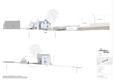 Fasadetegning (opprikk) av en bygning sett fra nord og øst, med høydeangivelser og omgivelsesplassering.