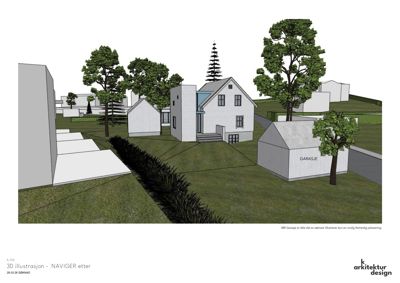 3D-visualisering (rendering) som viser en bygning med garasje og omgivende natur i et landskap.