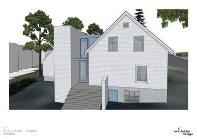 3D-visualisering (rendering) av bygningens inngangsside med trapper, vinduer og omgivende beplantning.