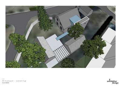 3D-visualisering (rendering) av et byggeprosjekt sett fra en høyde (fugleperspektiv). Bildet viser bygningers plassering i forhold til hverandre, terrengform, beplantning og vei.