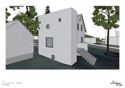 3D-visualisering (rendering) av et tilbygg til en eksisterende bygning, inkludert omgivelsene.