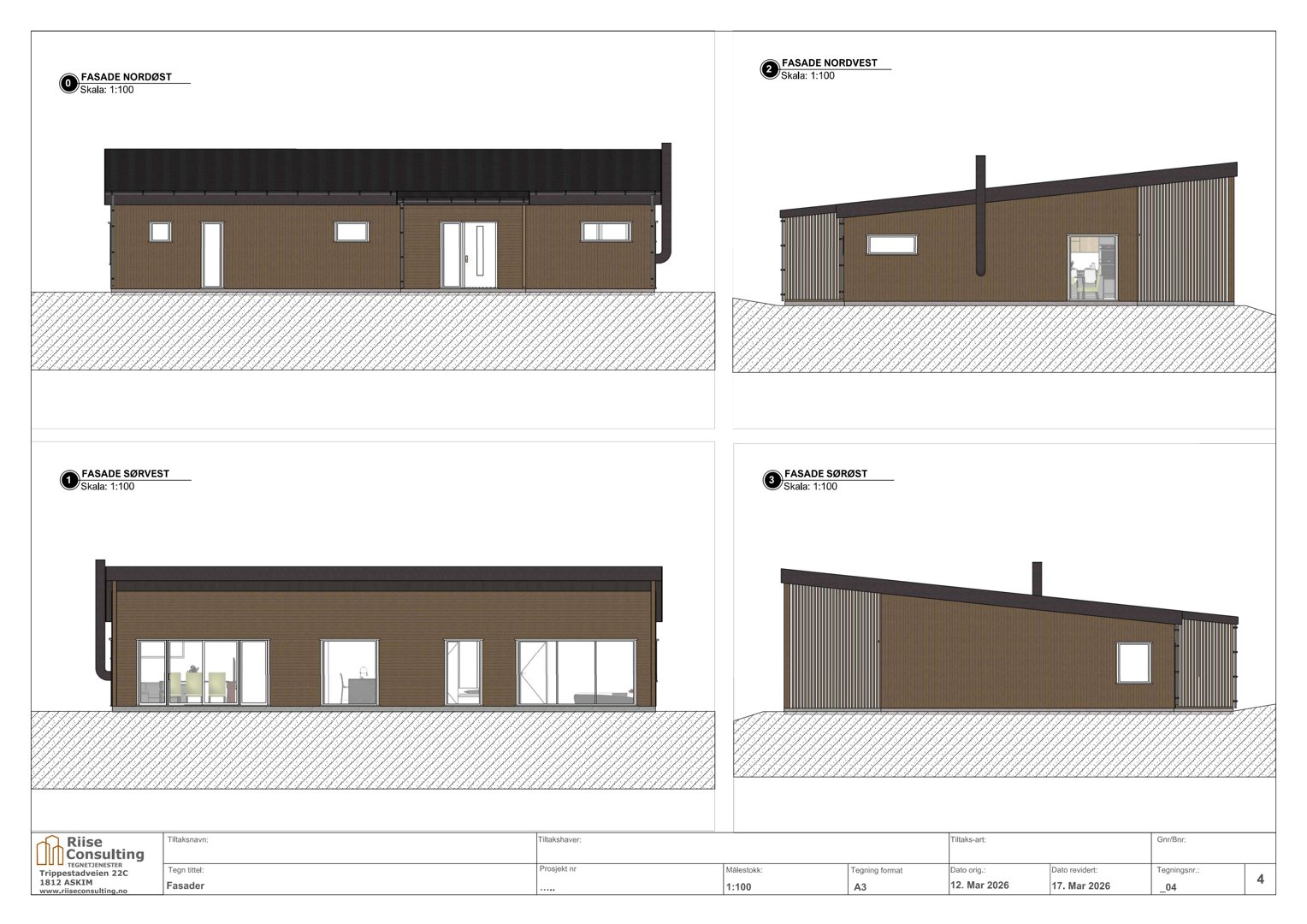 Bildet viser fire fasadetegninger (Nordøst, Nordvest, Sørvest, Sørøst) av en bygning med angitt skala 1:100.