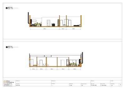 Snittegning (SNITT D-D og SNITT E-E) som viser tverrsnitt gjennom et interiør med romoppdeling, møbler og konstruksjoner.