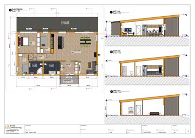 Bildet viser en plantegning (Plan) og snittegninger (Snitt A-A, B-B, C-C) for et hus med romfordeling og mål.