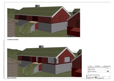 3D-visualiseringer av fasadealternativer (lukkede og åpne skodder) for en bygning.