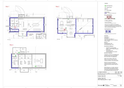 Bildet viser etasjeplaner (Plan 1, Plan 2 og Plan U) for en bygning, inkludert romfordeling, dører, vinduer og brannvern-tekniske detaljer.