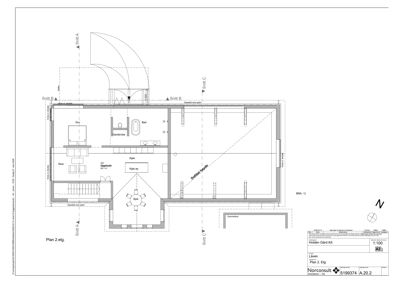 Etasjeplan (Plan 2. etg.) som viser romfordeling, veggposisjon og snittlinjer for en bolig.