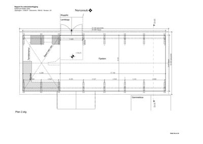 Etasjeplan (Plan 2.etg.) som viser romfordeling, dimensjoner og konstruksjoner for et bygg.