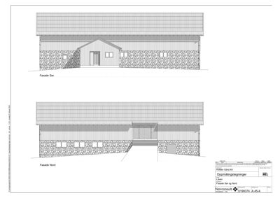 Tegning som viser fasadeoppsett for bygningen sett fra Sør og Nord.