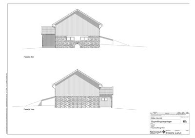 Tegning som viser fasadeopprikk for bygningen sett fra øst og vest.