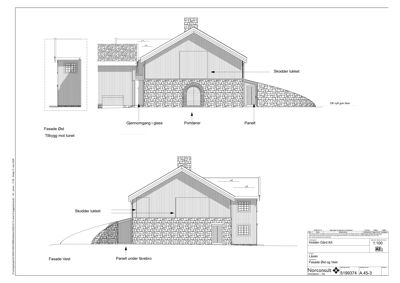 Tegning som viser fasadeoppsett for en bygning sett fra øst og vest, inkludert materialer som stein og trepanel.