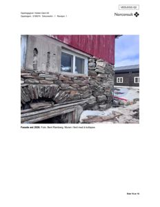 Fotografi av en fasade på en bygning (rød og steinmur) med tekstbeskrivelse om at muren er i ferd med å kollapse.