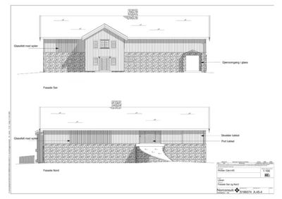Tegning som viser fasadeoppsettet for bygningen sett fra nord og sør, inkludert materialvalg og detaljer.