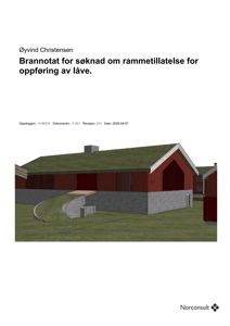 3D-visualisering av en låve med brannnotat i bakgrunnen.