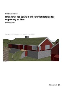 3D-visualisering av en planlagt låve med grønt tak og rød fasade.