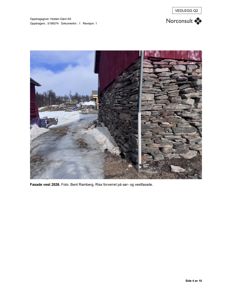 Fotografi av en bygning med steinfasade og rødt tak, tatt i vinterforhold. Bildet er merket som 'Fasade vest 2026' og viser eksisterende tilstand.