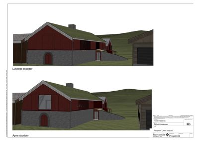 3D-visualisering av en bygning med to varianter: 'Lukkede skodder' og 'Åpne skodder'.
