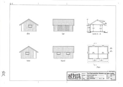 Fasadetegning som viser bygningens utseende fra alle fire sider (Øst, Sør, Vest, Nord) samt et snitt (Snitt A - A) og en plan (Plan).
