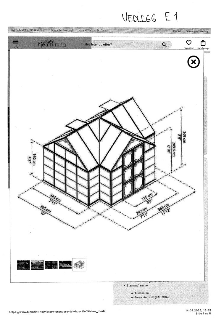 3D-visualisering (rendering) av en orangeri- eller drivhuskonstruksjon med mål og materialbeskrivelse.