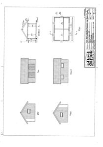 Fasadetegning som viser bygningens utseende fra fire sider (Sør, Nord, Øst, Vest) samt en plan og et snitt.