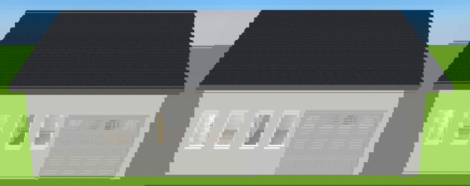 3D-visualisering av en bygning sett fra fronten, med visuell fremstilling av fasade, tak og vinduer.