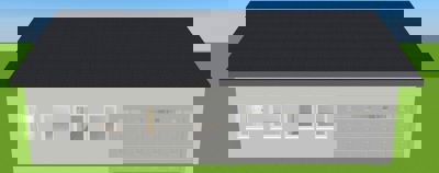 3D-visualisering av en bygning sett fra fronten, med visuell fremstilling av fasade, tak og vinduer.