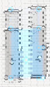 Etasjeplan med romfordeling, dimensjoner og døråpninger
