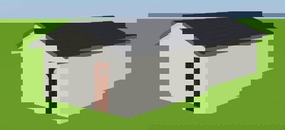 3D-visualisering av en enkel bygning med hvite vegger, mørk takflate og en dør.