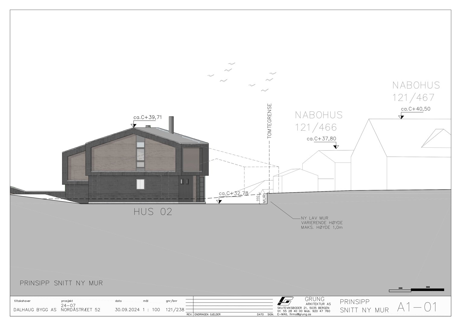 Prinsipp snitt (tverrsnitt) av en ny mur med angivelse av høyder og nabohus.