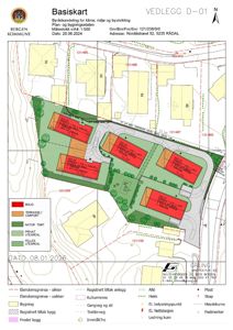 Situasjonsplan (basiskart) som viser tomtens grenser, bygningers plassering, arealbruk (bolig, naturtomt, felles uteareal) og infrastruktur.