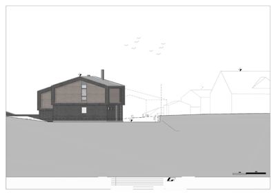 Prinsipp snitt (tverrsnitt) av en ny mur med angivelse av høyder og nabohus.